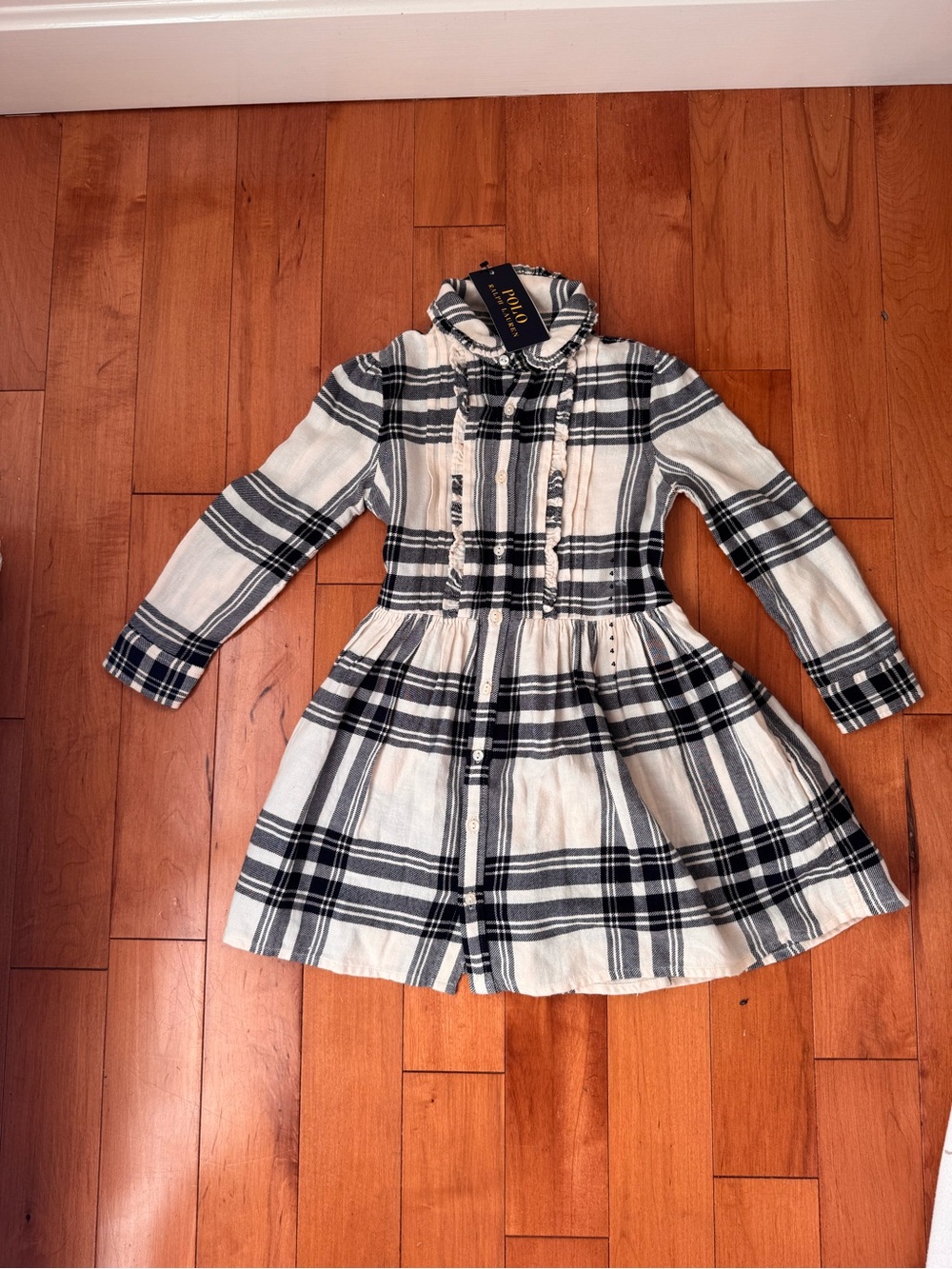 Polo by Ralph Lauren Black & White Plaid Ruffle-Trim Dress
